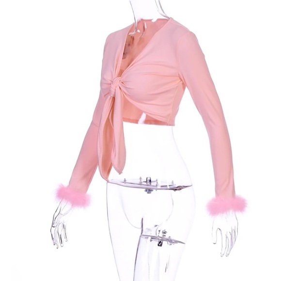 Pink long sleeve feather trim tie front crop top - Picture 8 of 16